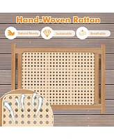 1 Pcs Ottoman Footstool Natural Teak Wooden Foot Rest with Handwoven Rattan Indoor