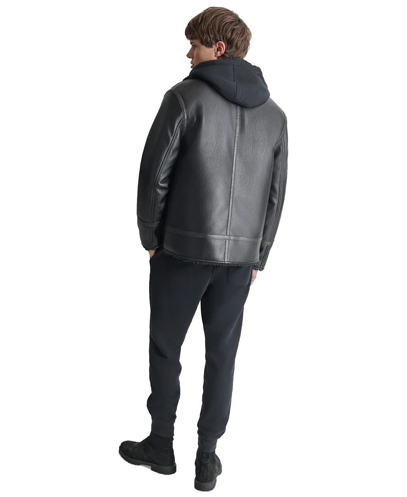 Dkny Men's Faux Leather Jacket with Removable Faux Fur Bib