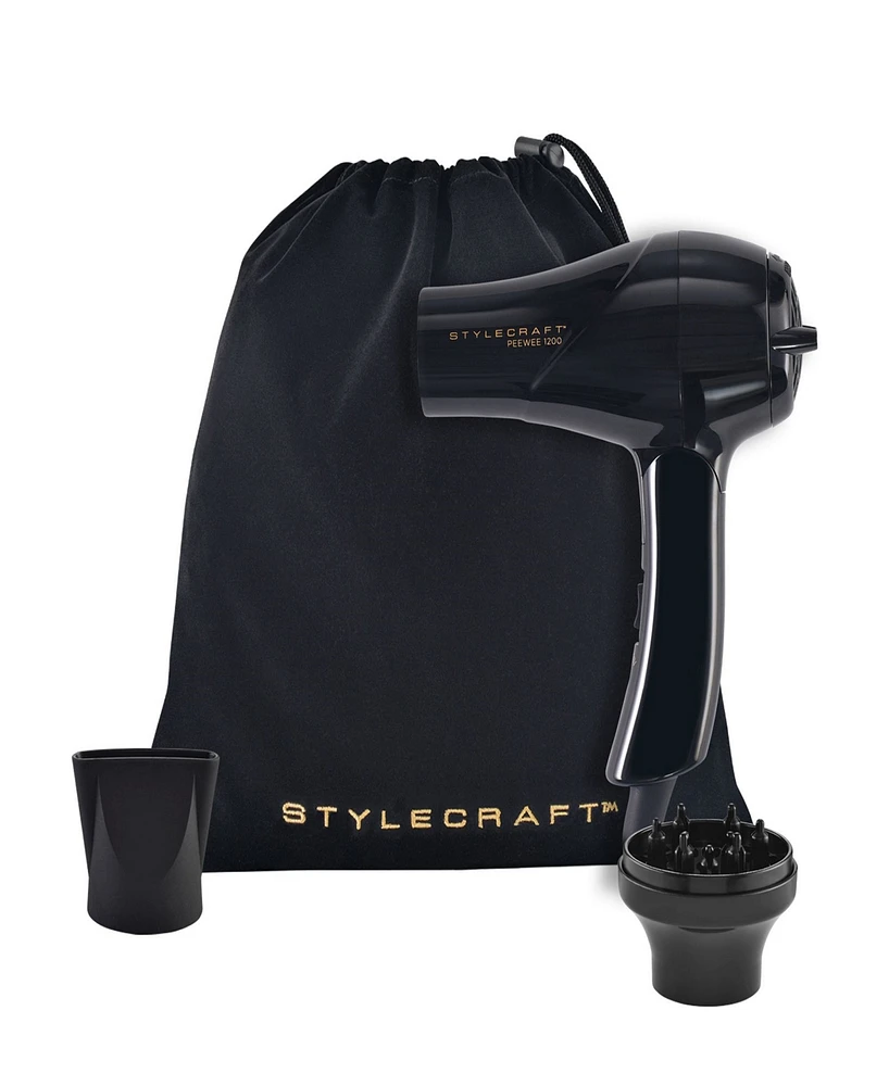 StyleCraft Professional Peewee 1200 Folding Handle Dual Voltage Compact Travel Hair Dryer with Nozzle, Diffuser, and Travel Bag