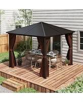 Outsunny 10' x 10' Aluminum Hardtop Gazebo Canopy with Hook, Curtains, Dark Brown