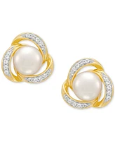 2-Pc. Set Cultured Freshwater Button Pearl (7 & 8mm) & Lab Created White Sapphire (3/8 ct. t.w.) Love Knot Pendant Necklace & Matching Stud Earrings i