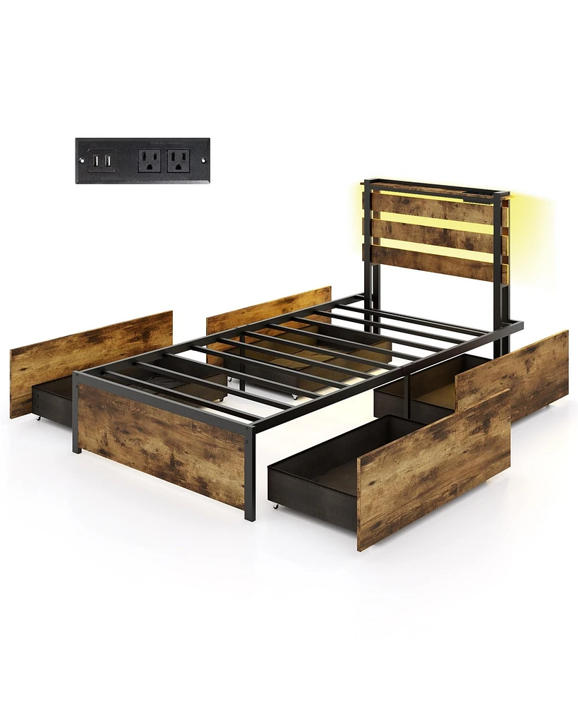 Gymax Twin Size Bed Frame w/ Drawers Led Lights Outlets & Usb Ports Smart App Control