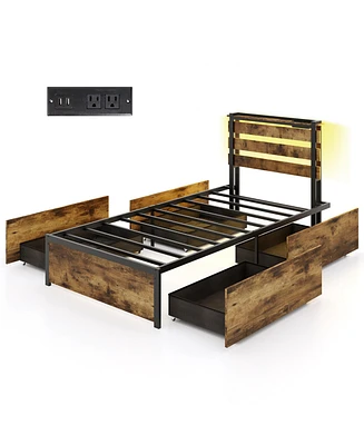 Gymax Twin Size Bed Frame w/ Drawers Led Lights Outlets & Usb Ports Smart App Control