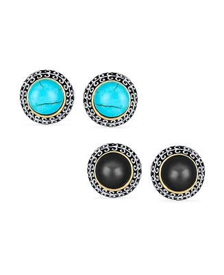 Bling Jewelry Set of 2 Balinese Button Style Clip-On Earrings in Simulated Turquoise and Onyx