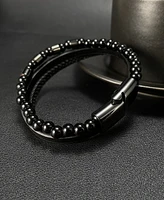 Rhona Sutton Leather Black Beaded Stainless Steel Bracelet