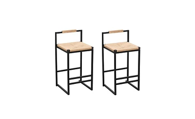 Set of 2 Bar Stools with Back Paper Rope Woven Counter Height Dining Chairs for Kitchen