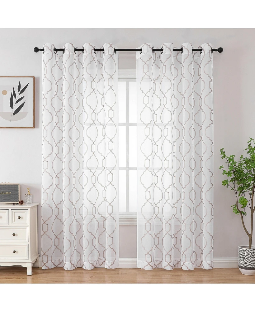 Kate Aurora Transcendence 1 Piece Grommet Top Embroidered Sheer Trellis Clover Window Curtain Panel - Silver