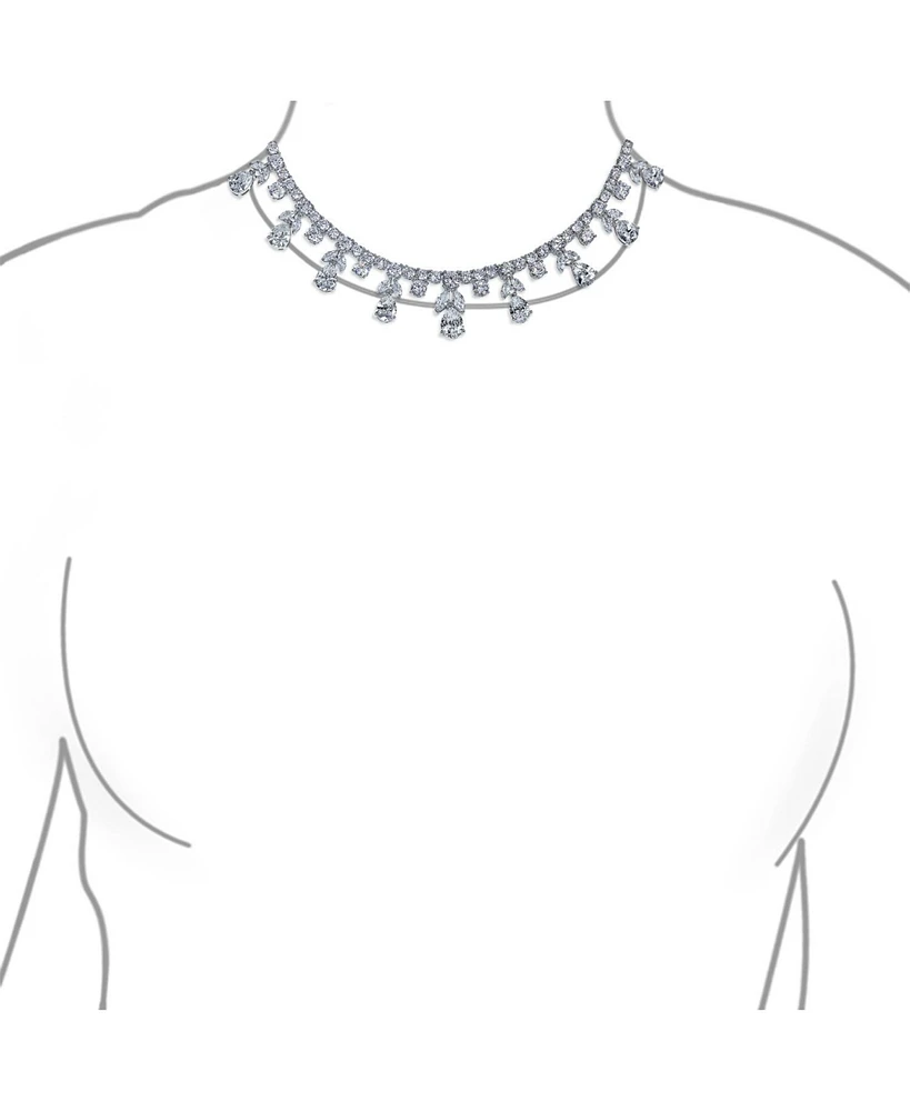 Bling Jewelry Estate Art Deco Style Multi Teardrop Cz Statement Spray Bib Collar Necklace Silver Plated