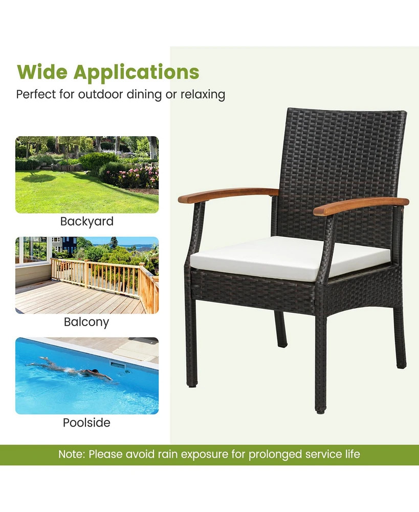 Costway 9 Pcs Patio Rattan Dining Set with Acacia Wood Table, Cushions, 1.9" Umbrella Hole