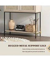 Rattan Console Table with 2 Rattan Drawers & Open Storage Shelf Metal Legs