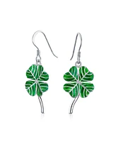 Bling Jewelry Green Enamel Shamrock Lucky Four Leaf Clover Irish Celtic Dangling Earrings .925 Sterling Silver Fish Wire