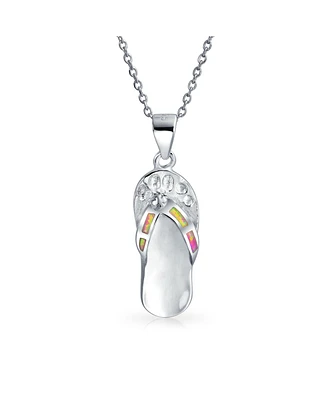 Bling Jewelry Pink Rainbow Created Opal Nautical Flip Flop Sandal Pendant Necklace .925 Sterling Silver
