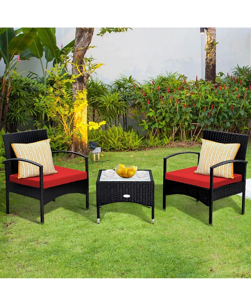 Sugift 3 Pieces Patio Wicker Rattan Furniture Set with Cushion for Lawn Backyard