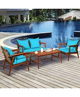 Sugift 4 Pieces Acacia Wood Patio Rattan Furniture Set with Cushions