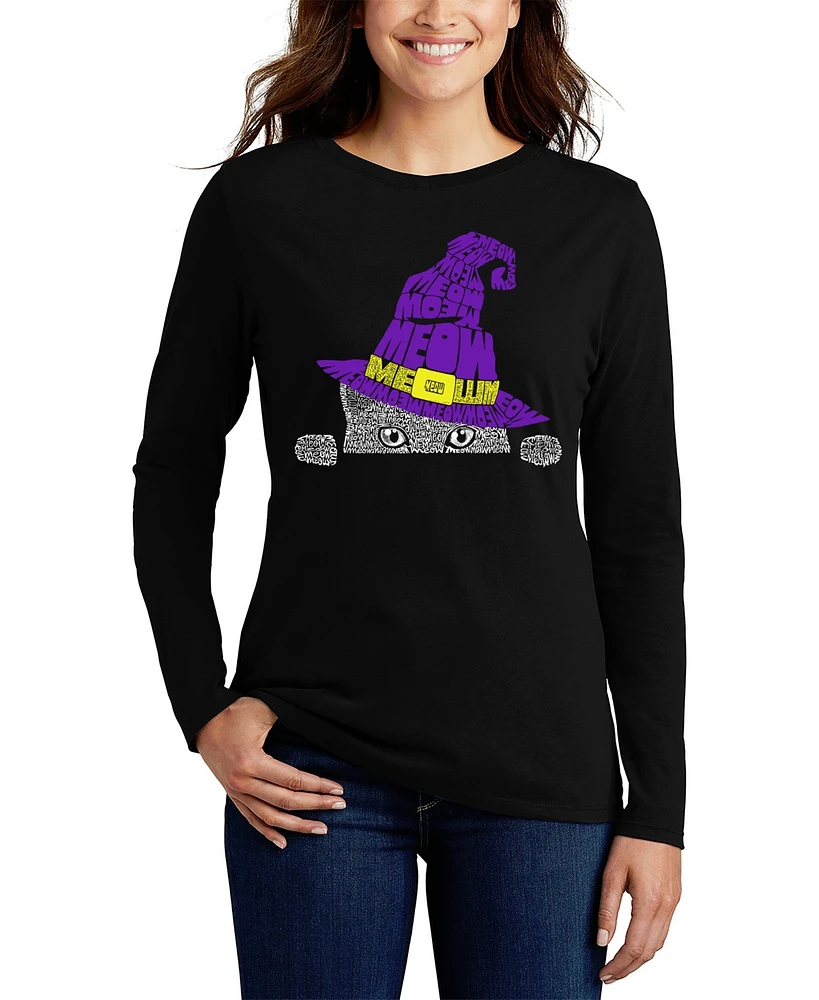 La Pop Art Women's Peeking Witch Cat Word Long Sleeve T-Shirt