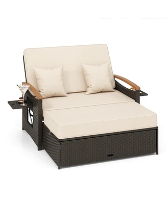 Patio Rattan Daybed Set with Cushioned Loveseat & Storage Ottoman for Porch