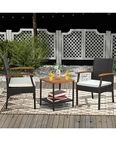 2PCS Patio Pe Wicker Chairs Acacia Wood Armrests with Soft Zippered Cushion Balcony