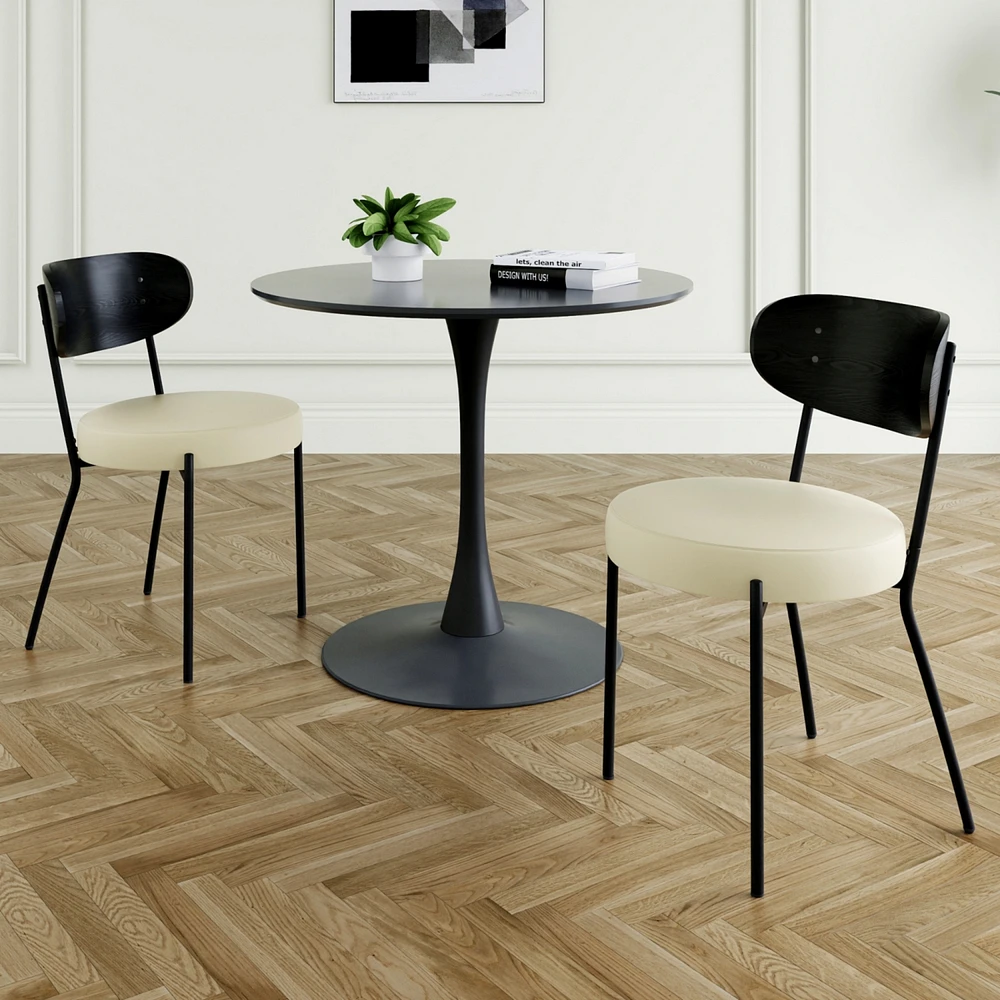 Modern grey simple pu dining chair upholstered chair Family bedroom stool back dressing, black round table set, Bentwood covered with ash veneer Chair