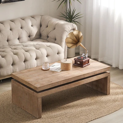 Natural Wood Living Room Table Versatile Coffee Table 2-Tiered Wood Tabletop Table 47.6" L 23.6" W 16.3" H