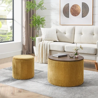 2-Piece Set Round Chenille Storage Ottoman, Equipped with a Drum Shaped Small Stool, Storage Space, and Mdf Made Desktop Panel (Dark Yellow 23.62"