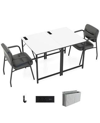 Costway 32" Meeting Room Desk Set of 2 with Charging Station & Headphone Hook Metal Frame