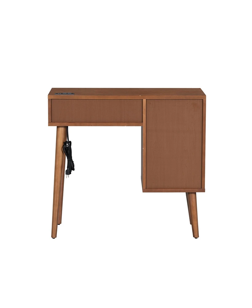 39" Retro Bohemian Style Wooden Makeup Vanity Set with Charging Plug&Usb Port and Stool, Dressing Table with 3 Storage Drawers and 1 Rectangular