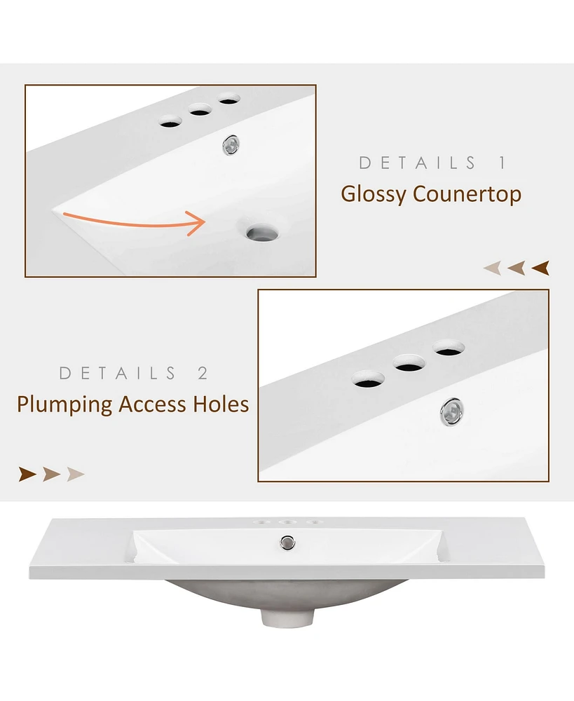 36" Single Bathroom Basin Sink, Vanity Top Only, 3-Faucet Holes, Resin