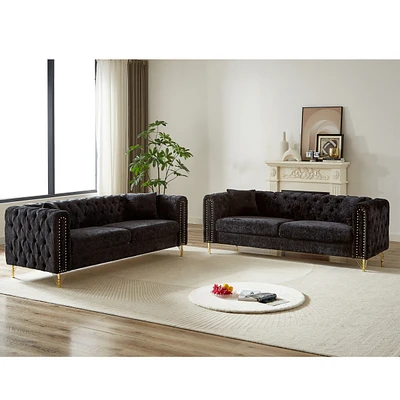 Chenille Pull Buckle Design Sofa for Living Room, Buttons Tufted With Copper Nail Decoration Armrest, Modern Couch Upholstered Button And Metal Legs