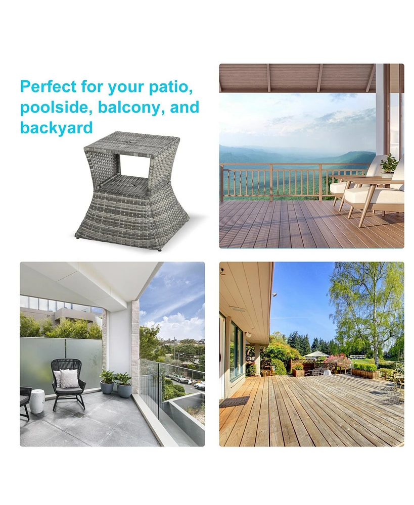 Rattan Wicker Side Table with Umbrella Hole, 2 Tier Storage Shelf for All Weather for Outdoor, Patio, Garden, Backyard, Mixed Grey