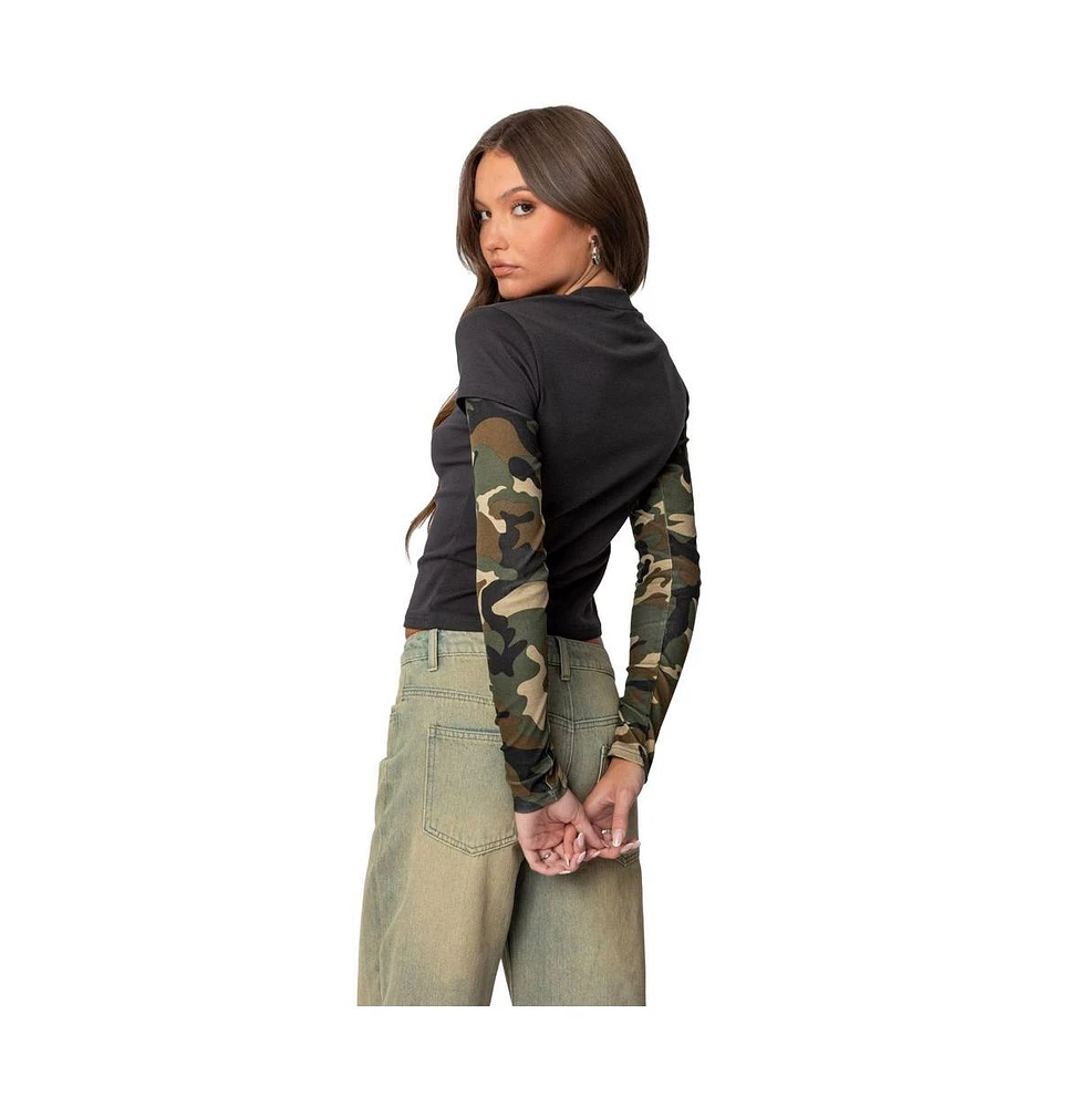 Edikted Womens Camo Layered Long Sleeve T Shirt
