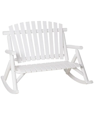Outdoor Wooden Rocking Chair, Double-Person Rustic Adirondack Rocker with Slatted Seat, High Backrest, Armrests for Patio, Garden and Porch, White