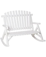 Outdoor Wooden Rocking Chair, Double-Person Rustic Adirondack Rocker with Slatted Seat, High Backrest, Armrests for Patio, Garden and Porch, White