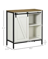 Farmhouse Sideboard Buffet Cabinet, Coffee Bar Cabinet with Sliding Barn Door and Adjustable Shelf, Kitchen Storage Cabinet with Metal Frame, White an