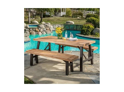 Bettina Acacia Wood Slatted Dining Set With Two Benches