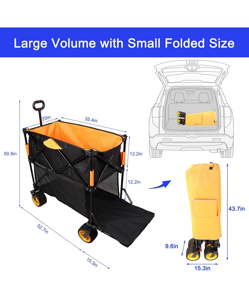 Big large capacity Folding cart Extra Long Extender Wagon Cart Folding Wagon Garden Shopping Beach Cart (black +orange)