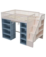 Full Size Loft Bed with 2 Four-layer Storage Cabinets and Curtain, White+Blue(Expected Arrival Time:9.28)
