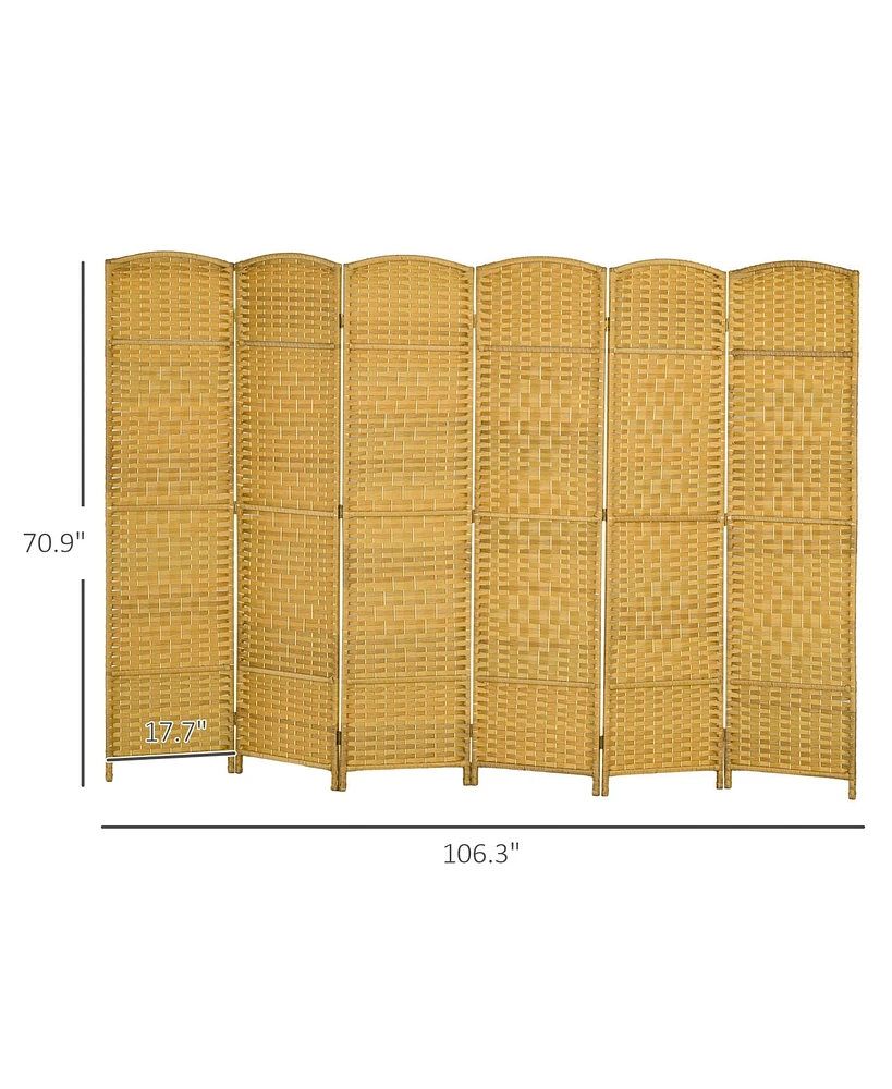 6 Panel Room Divider, 6' Tall Folding Privacy Screen, Hand-Woven Freestanding Wall Partition for Home Office, Bedroom, Nature Wood