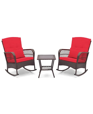 Costway 3 Pcs Patio Rocker Set Outdoor Wicker Rocking Chairs with Double-Layer Coffee Table
