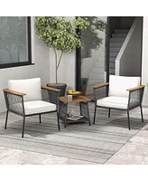 3 Pcs Patio Furniture Set with 2-Tier Coffee Table Acacia Wood Armrests Tabletop