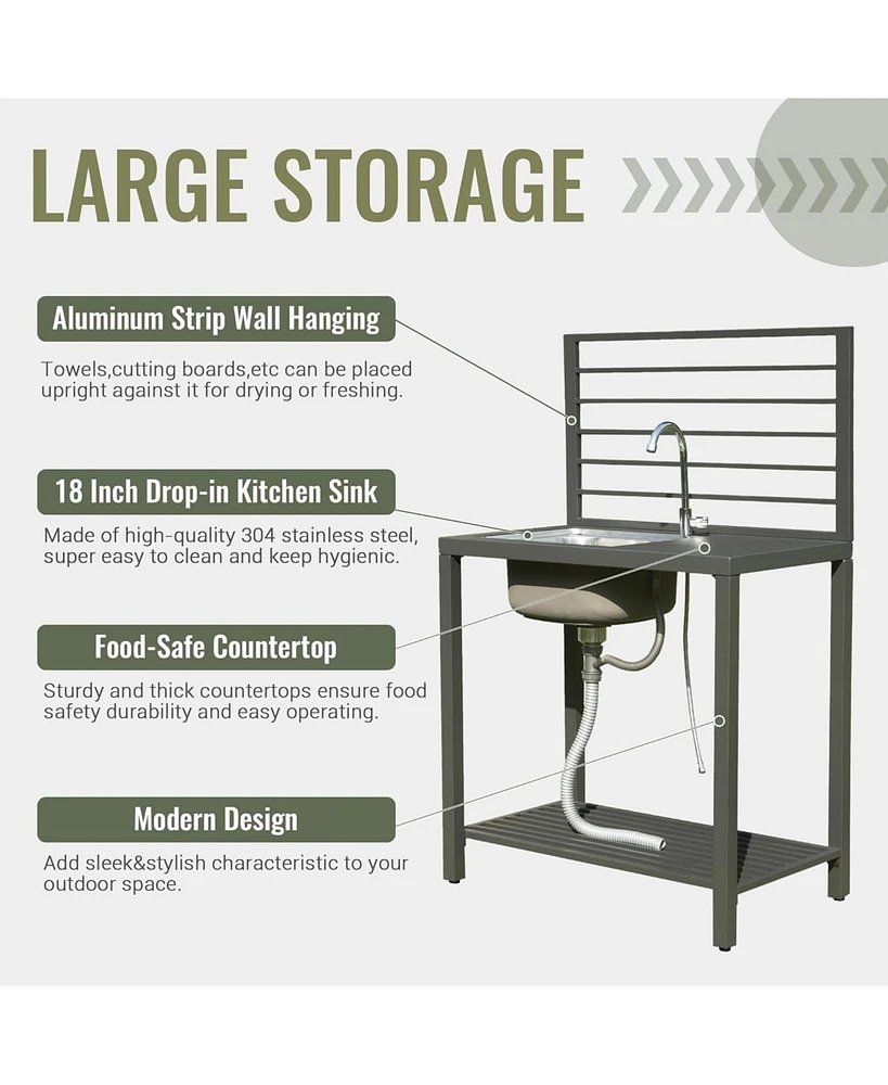 Outdoor Kitchen Island with Storage, Aluminum Kitchen Storage Island Stainless Steel Outdoor Sink w/Faucet & Drainboard, Freestanding Storage Shelves