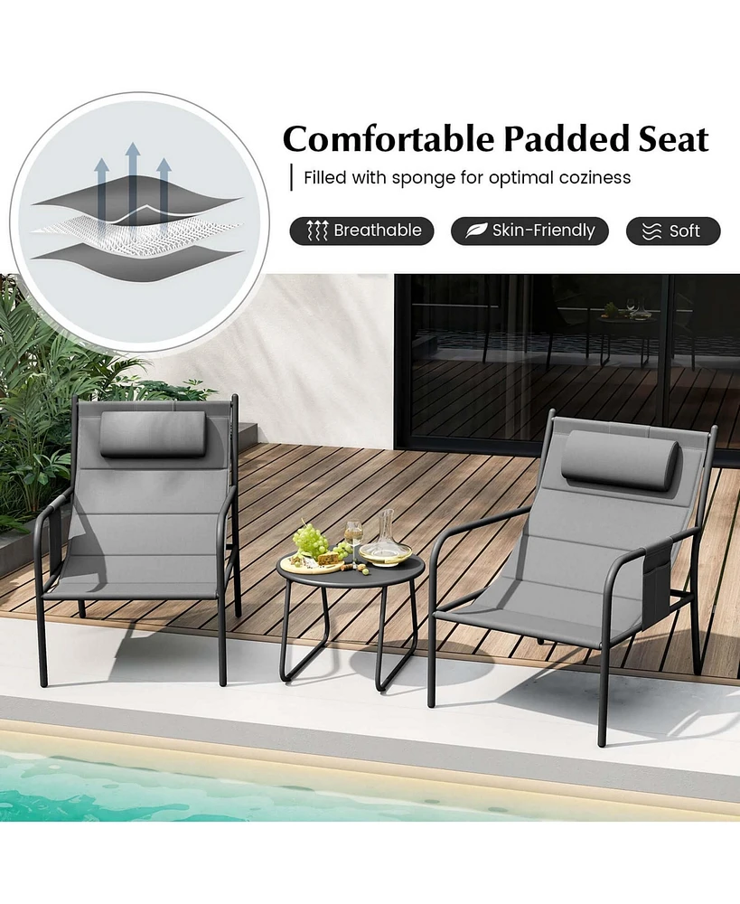 Costway 3 Pcs Outdoor Bistro Set Breathable Seat Fabric & Cozy Headrest Metal for Yard