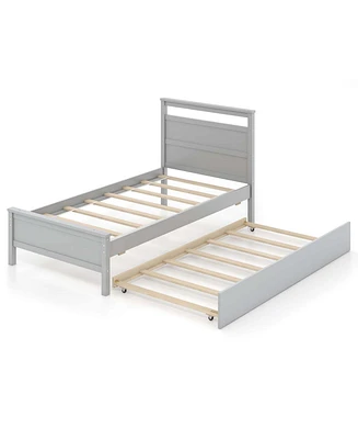 Twin Platform Bed with Trundle Pull-out Headboard & Footboard