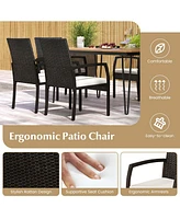7 Pcs Patio Dining Set with Acacia Wood Dining Table Rattan Armchairs Soft Cushions