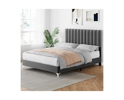 gaomon Bed Frame Modern Velvet Upholstered 11 Inch Bed Frame with Headboard No Box Spring Needed, Gray