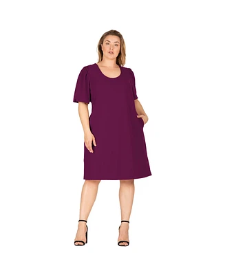Standards & Practices Plus Size Puffed Sleeves Scoop Neck Midi Dress