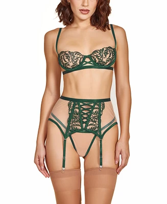 iCollection Women's 3-Piece Embroidered Bra, Panty and Garter Skirt Lingerie Set