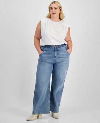 Bar Iii Trendy Plus Size High-Rise Wide-Leg Light-Wash Jeans, Exclusively at Macy's