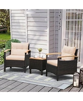 3PCS Patio Rattan Furniture Set Wooden Armrest Table Top Cushioned