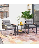 3 Pcs Outdoor Conversation Set with 2-Layer Side Table Acacia Wood Armrests