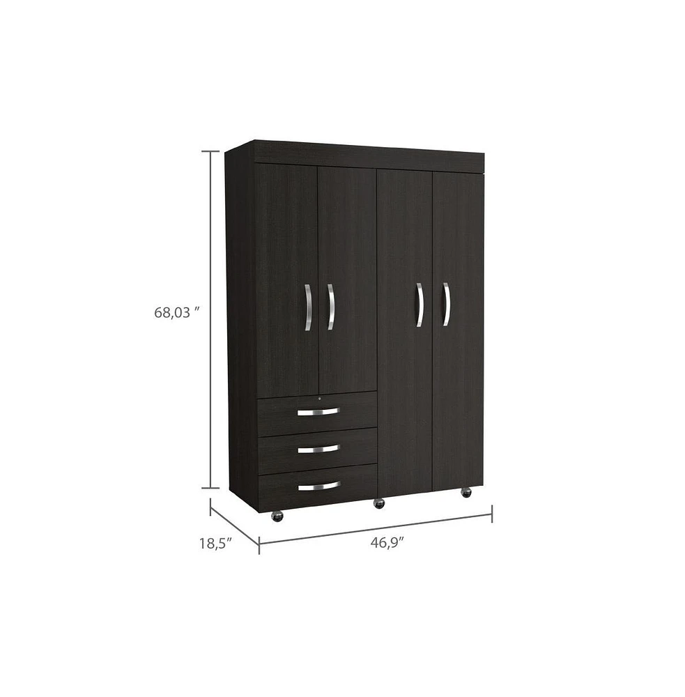 Hamilton Mobile Armoire, Double Door Cabinet, Three Drawers, Rods, Two Shelves, Black